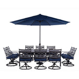 Hanover Montclair 11-Piece Outdoor Dining Set, All-Weather Outdoor Patio Dining Set, 10 Swivel Rocker Chairs with Seat and Lumbar Cushions, 84"x60" Stamped Rectangle Table, Umbrella, and Umbrella Base Hanover