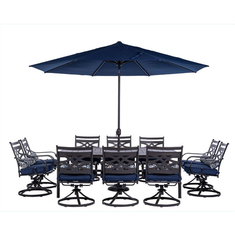 Hanover Montclair 11-Piece Outdoor Dining Set, All-Weather Outdoor Patio Dining Set, 10 Swivel Rocker Chairs with Seat and Lumbar Cushions, 84"x60" Stamped Rectangle Table, Umbrella, and Umbrella Base Hanover