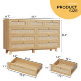 AOGLLATI Rattan Dresser for Bedroom with 9 Drawer, Modern Wooden Long Bedroom Dresser, Chest of Drawers with Metal Handle & Solid Wood Legs for Bedroom/Living Room, Wood AOGLLATI