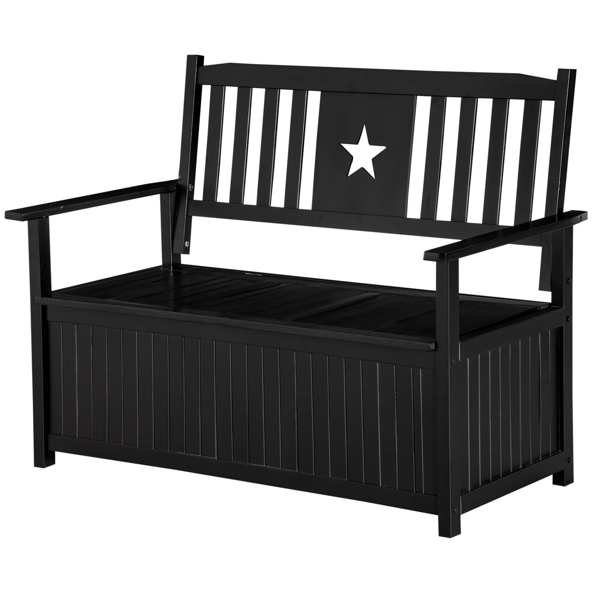 Outsunny 43 Gallon Outdoor Wooden Storage Bench with Backrest and Armrests, Black Star Motif - WoodArtSupply