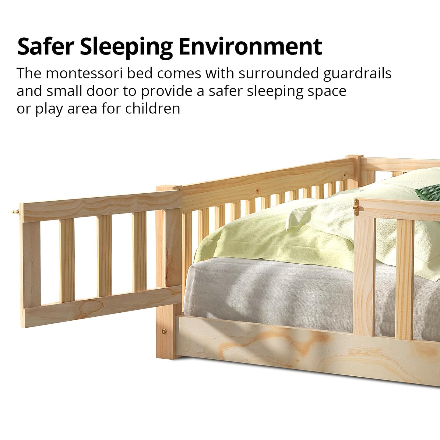 i-POOK Natural Twin Floor Bed Frame for Children with Safety Fence & Door - WoodArtSupply