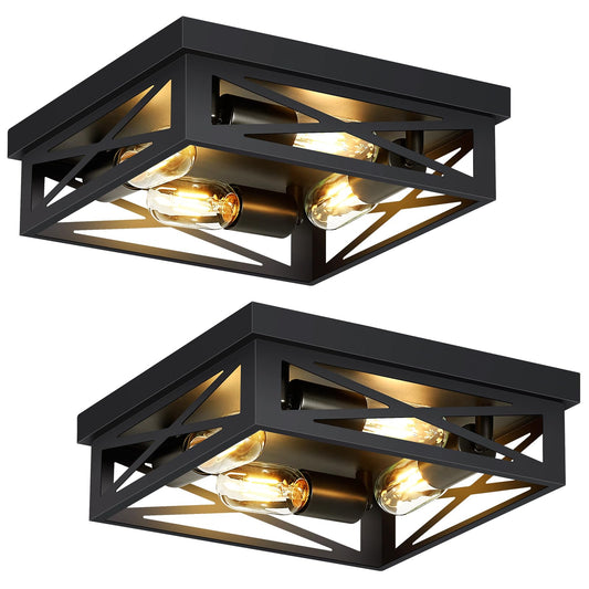 ZHU YAN Farmhouse Ceiling Light Fixture, 2 Pack Square Black Metal Cage Ceiling Lamp for Kitchen Entryway Hallway (4-Light)