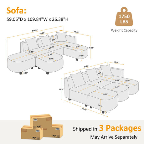 VANOMi 109.84" Modular Sectional Sofa with 3 Pillows, Convertible 5-Seater Comfy Boucle Cloud Couch with Ottoman, Modern Sectional Sofas for Living Room, Office, Apartment (Camel) VANOMi