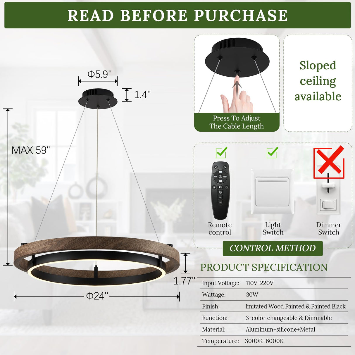 CaraLuxe Dimmable LED Chandelier Modern Ring Chandelier for Dining Room Farmhouse Black Chandelier Lighting for Kitchen Island Entryway Foyer Living Room, 3-Color Changing, 24in CaraLuxe