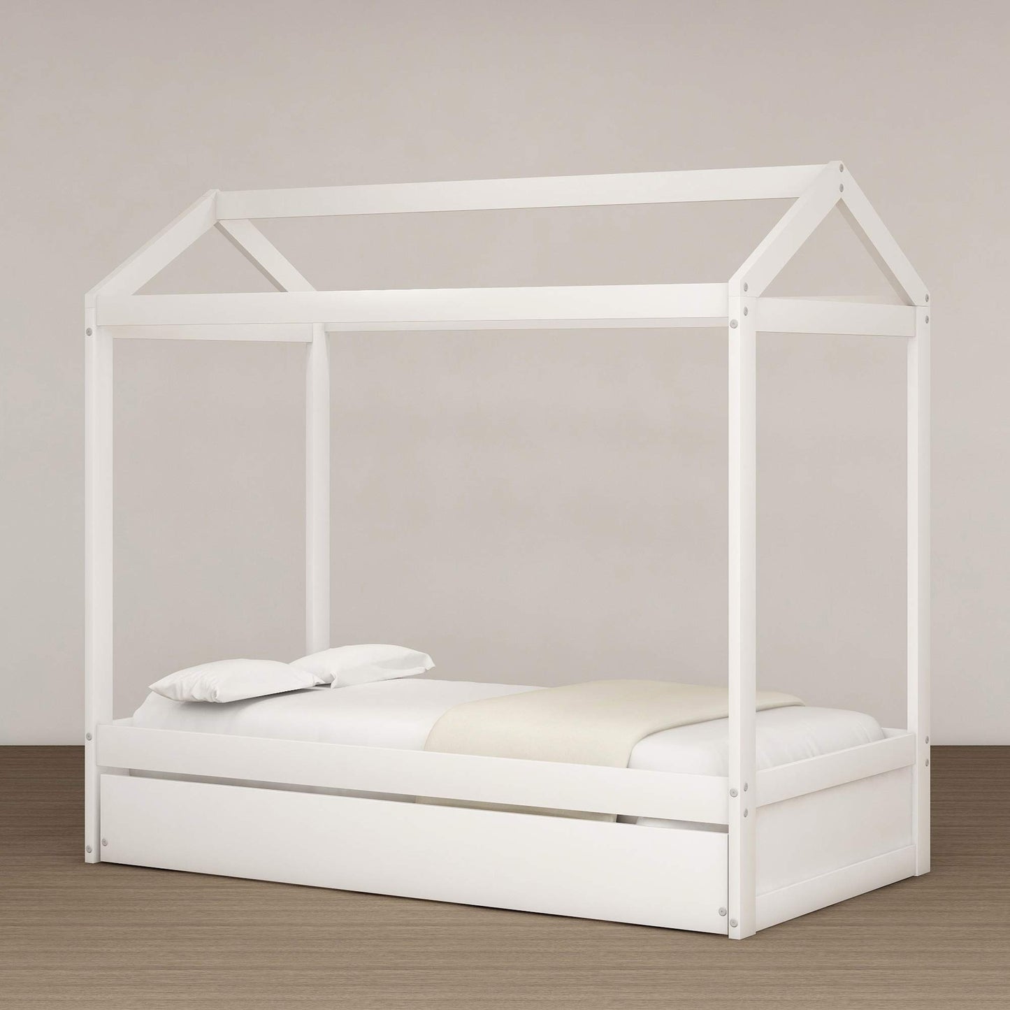 Bellemave White Twin Size House Bed Frame with Trundle for Kids and Toddlers - WoodArtSupply