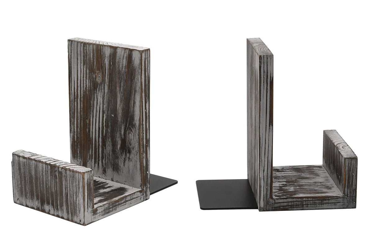 OwlGift Rustic Torched Wood L-Shaped Solid Wood Bookends, Decorative Bookends w/Black-Tone Metal Supports, Non-Skid and Sturdy to Hold Heavy Books, 1-Pair Owlgift