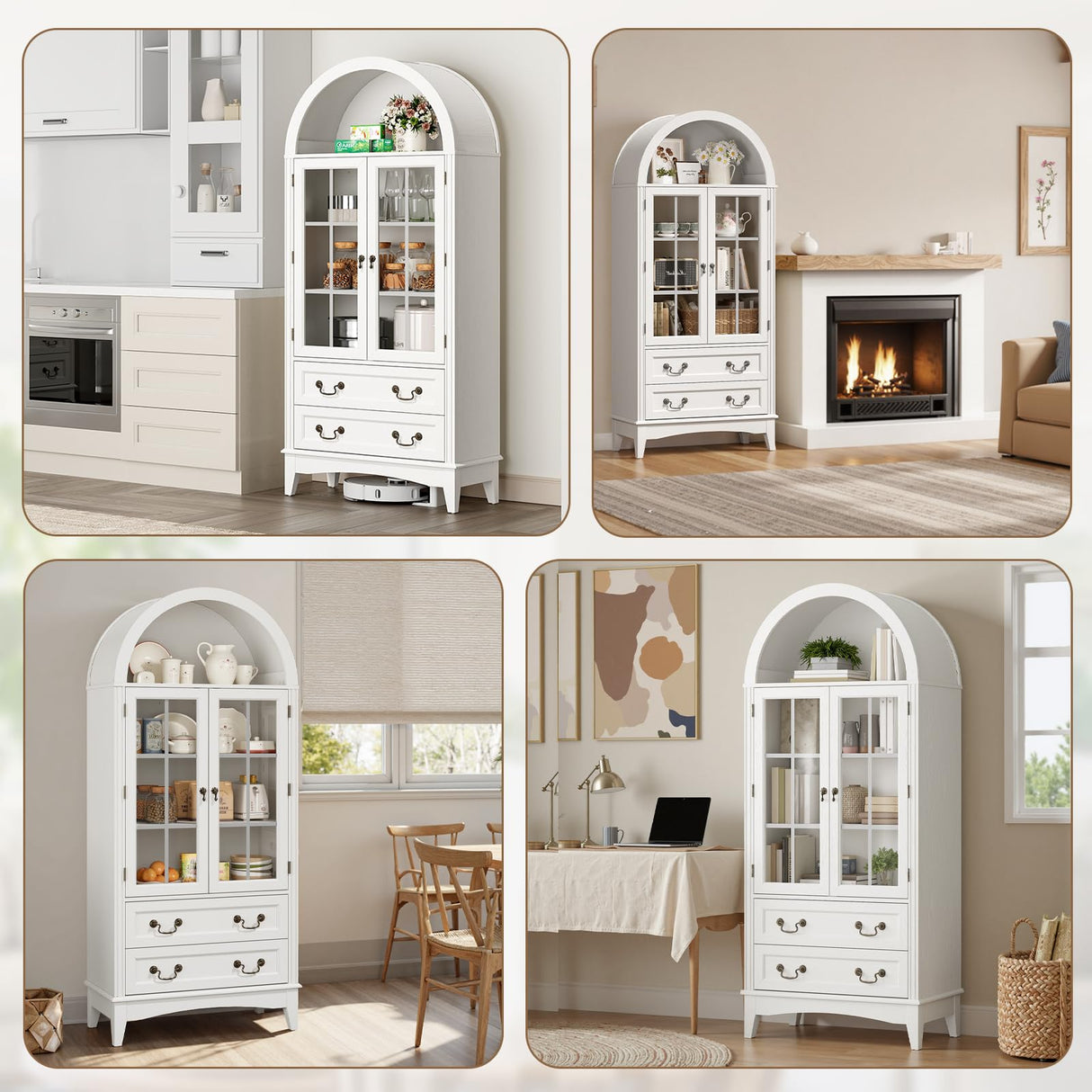 RALGEND 71'' Tall Arched Pantry Cabinet, Farmhouse Kitchen Pantry Cabinet with Glass Doors, Adjustable Shelves and 2 Large Drawers, Versatile Cupboard for Kitchen, Dining Room, White RALGEND