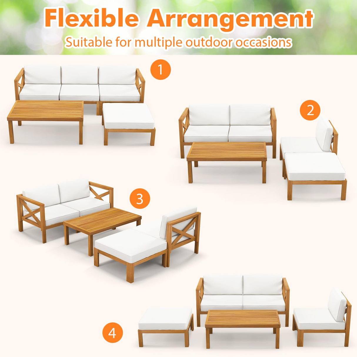 Tangkula 5 Piece Outdoor Conversation Furniture Set, Acacia Wood Sectional Sofa Set with 3 Chairs, 1 Ottoman & 1 Coffee Table, Patio Cushioned Sofa Set for Porch, Yard, Poolside (Off White) Tangkula