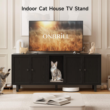 ONBRILL 59 Inches Cat Litter Box Enclosure for 2 Cats, Hidden Litter Boxes Furniture with Cat Scratch Pad, Large Indoor Pet House with Double Room, Wooden TV Stand Side Table, Black ONBRILL