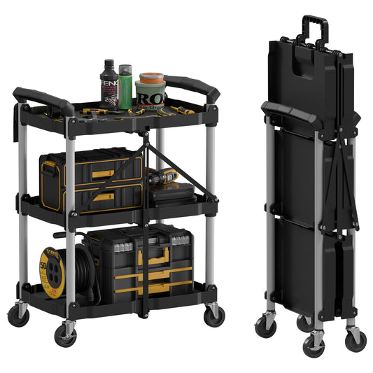 On Shine Foldable Utility Service Cart,3 Tier Folding Utility Cart, 350LBS Capacity - Rolling Cart Utility Cart Foldable Cart with Wheels for Warehouse Home Workshops Garages (Black)