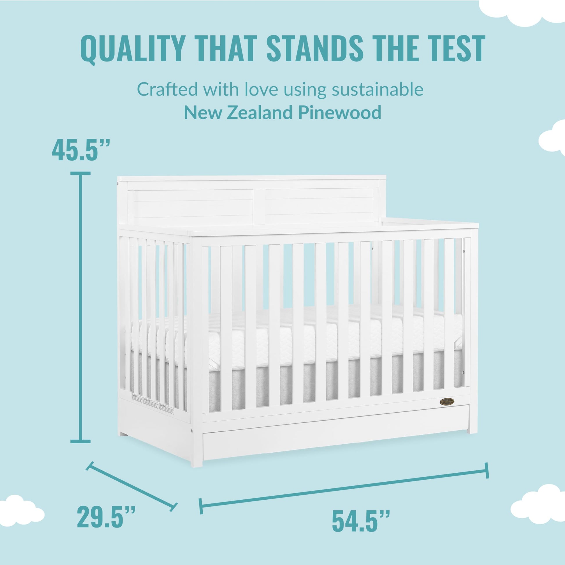 Evolur JPMA & Greenguard Gold Certified Dream On Me Reign 5 in 1 Convertible Crib with Under Drawer in White, Made of Sustainable Pinewood, Non-Toxic Water-Based Paint Finish - WoodArtSupply