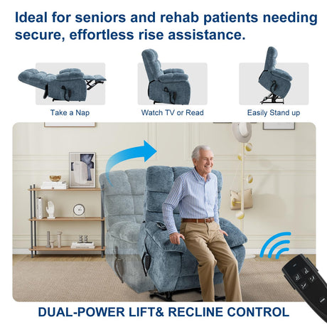 RHHVVR Oversized Power Lift Recliner Chair for Elderly, Dual Motor Lay Flat Recliner Big Chair with Massage and Heating, Chenille Electric Recliner Chairs for Living Room, Medium-Firm, Blue RHHVVR