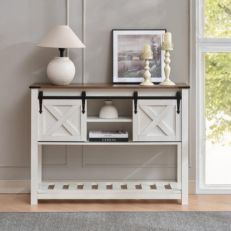 Puntogen Entryway Table with Sliding Barn Doors, 43" Farmhouse Console Table with Storage Shelf, Behind Couch Sofa for Hallway, Entryway, Foyer, White Puntogen