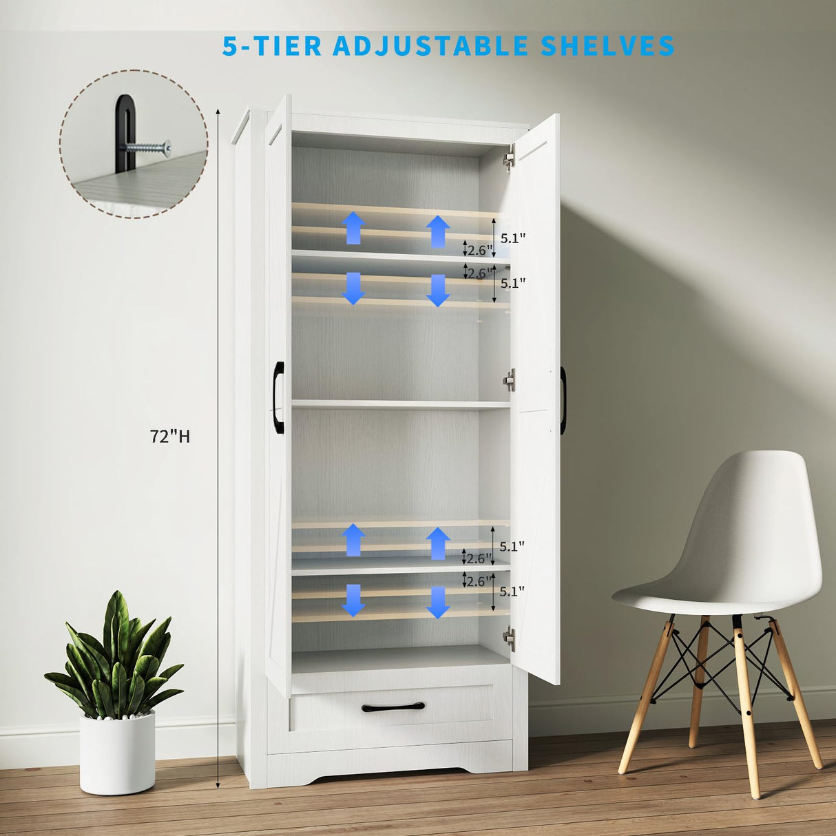 NOVAMAISON Farmhouse Kitchen Pantry Cabinet - 72” Tall Storage Cabinet w/Barn Doors & Adjustable Shelves & Drawer, White Cabinet Freestanding Wood Storage Cabinet for Kitchen, Dining Room, Bathroom NOVAMAISON