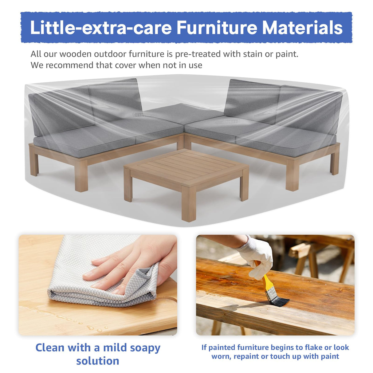 SUNSITT 4 Piece Acacia Wood Patio Furniture Outdoor Sectional Sofa Set with Adjustable Armrest, FSC Certified L-Shaped Patio Set w/2-in-1 Coffee Table, Grey Cushions SUNSITT