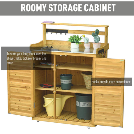 Outsunny Garden Potting Bench Table Wooden Workstation Shed with Tabletop, Hooks, 3-Tier Shelves Cabinet and 2 Magnetic Close Doors Outsunny