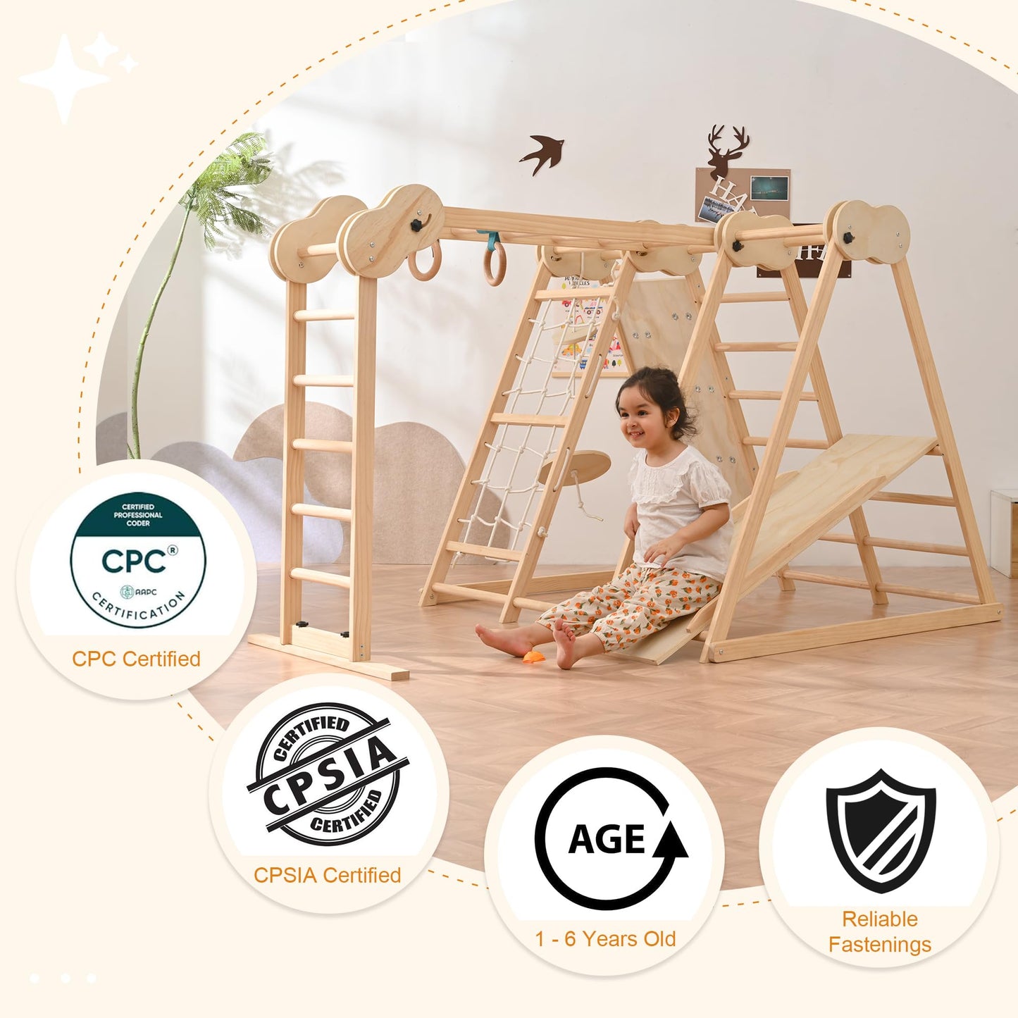 OLLIKIVI Indoor Playground Jungle Gym, Toddler Climbing Toys for Kids 1-6 Years, Indoor Toddler Gym Play Set with Slid, Climbing Wall, Ladder, Net, Bars, Swing, Ring