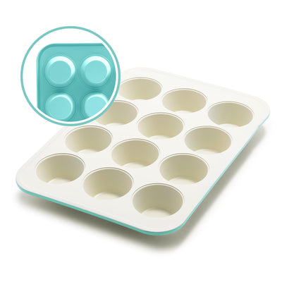 GreenLife 12-Cup Muffin Pan, Healthy Ceramic Nonstick Bakeware, PFOA & PFAS-Free Cupcake Tray, Durable Baking Pan, Versatile Kitchen Essential, Easy Clean Muffin Mold, Nonstick Baking Sheet, Turquoise