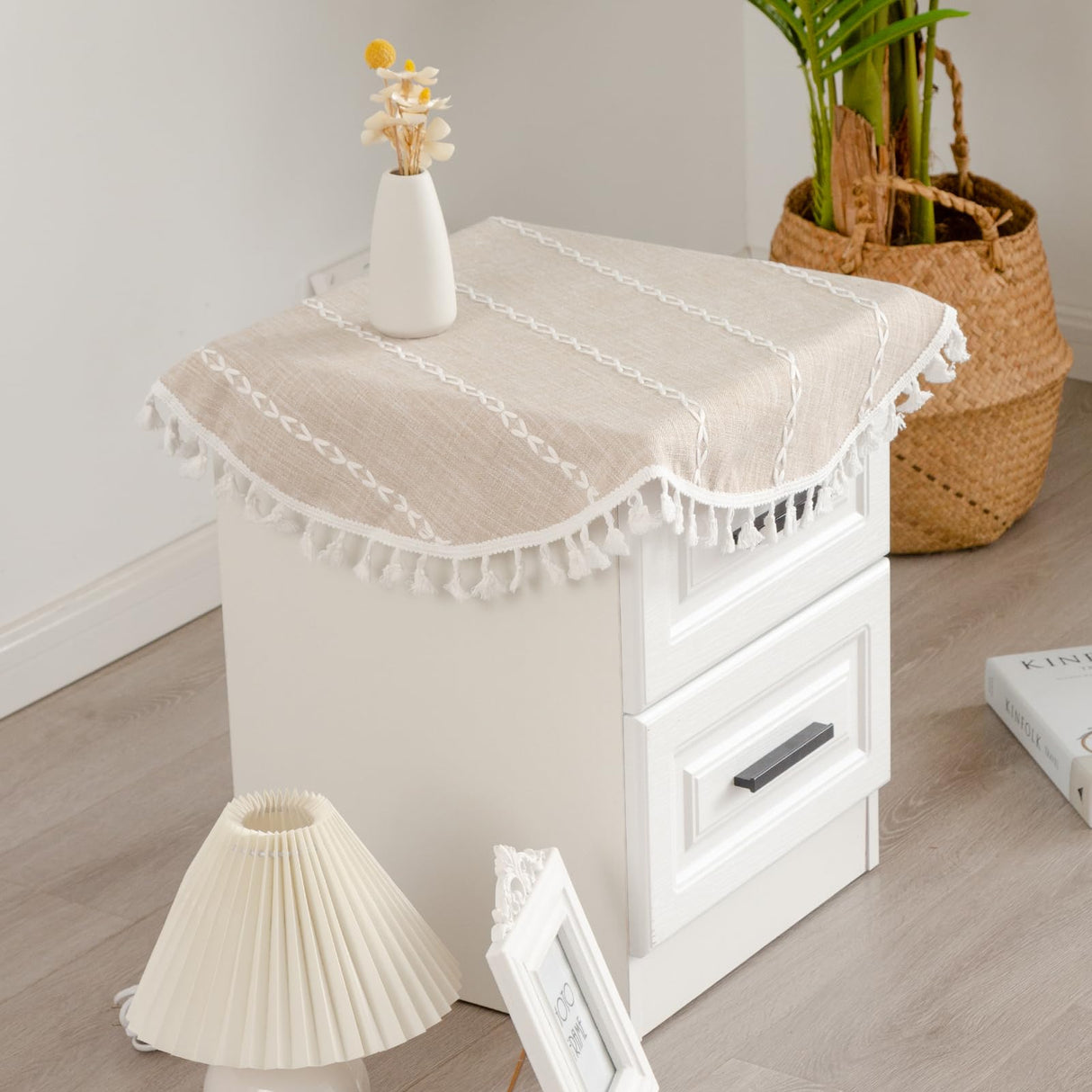 YZKITM Round Rustic Small Tablecloth Washable Striped Jacquard Linen Doily Heavy Weight Farmhouse Style Tassel Table Cover for Kitchen Dining Party Night Tables Decoration 24 Inch Light Coffee YZKITM