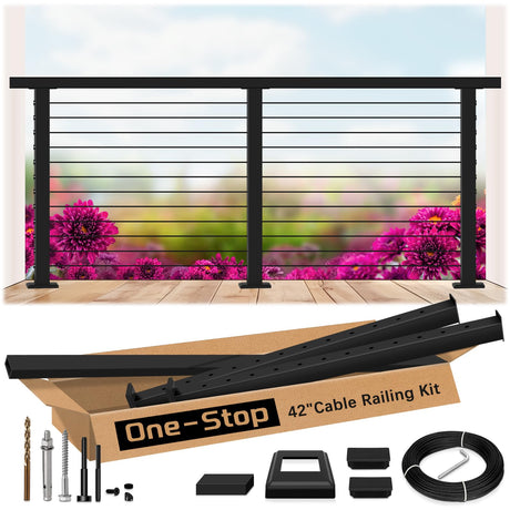 Zylorix 4ft-8ft Complete Set 42" Deck Cable Railing System with Handrail Adjustable, T304 Stainless Steel Black Level Drilled Cable Railing Posts Kit with 1/8" Cable Railing Hardware for Outdoors Zylorix