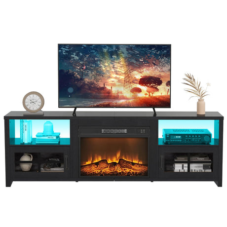 Livofloral Fireplace TV Stand with LED Lights for TVs Up to 75", Entertainment Center with 23” Electric Fireplace, Morden TV Console Table with Open Storage Shelves & Cabinets for Living Room, Black Livofloral