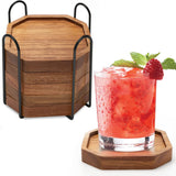 Wooden Coaster Set of 6 Bar Drink Coasters with Holder Acacia Wood Coaster Modern Cup Coaster for Coffee Table Cute Beer Coasters Decor Rustic Coaster Farmhouse Beverage Coasters Outdoor Coaster Ayiaren
