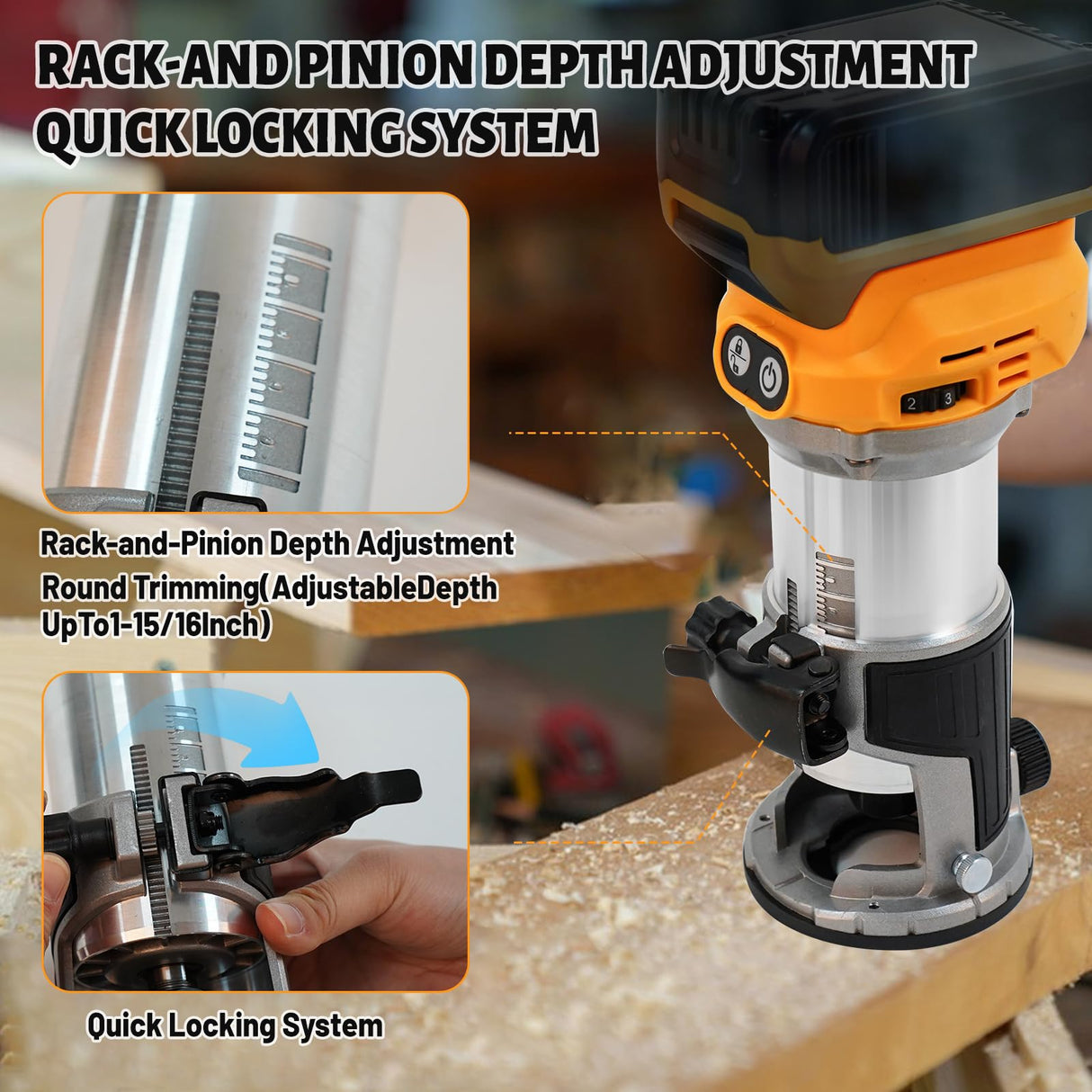 SYWAN Cordless Power Router for DeWalt 20V Battery (Bare Tool), Brushless Trim Router with 15PCS 1/4" Bits, 6 Variable Speeds Router Tool for Woodworking, 800W 10000-30000min/r SYWAN