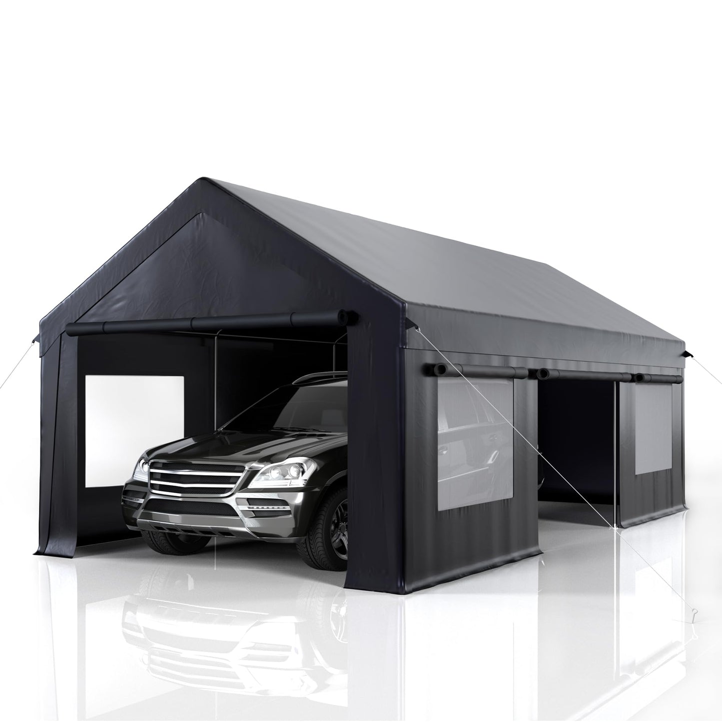 AirWire Carport 12' x 20' Heavy Duty Portable Garage, Carport Canopy with Side-Opening Door & Roll-Up Windows, Car Canopy Reinforced Four-Hole Base for Car, Truck, Boat, Party, Black - WoodArtSupply