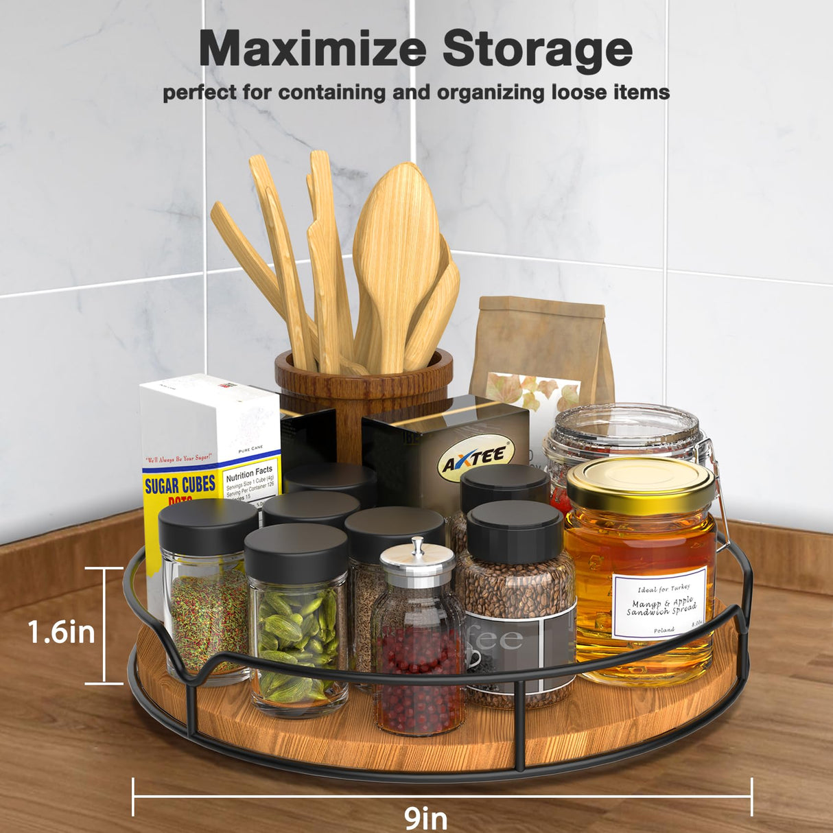 Lazy Susan Turntable Organizer for Cabinet Pantry Kitchen Countertop Refrigerator Cupboard, Pine Wood, 9", Carbonized Black AXTEE