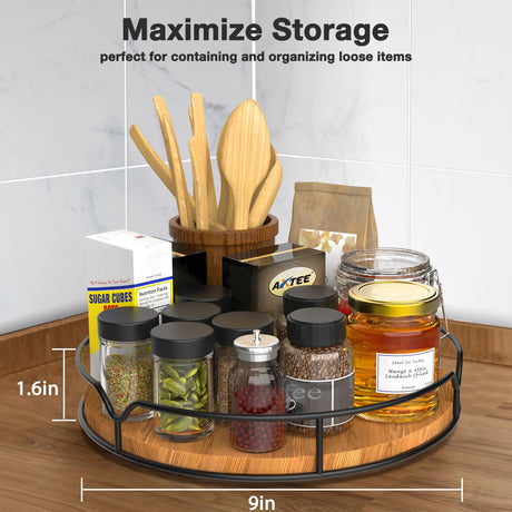 Lazy Susan Turntable Organizer for Cabinet Pantry Kitchen Countertop Refrigerator Cupboard, Pine Wood, 9", Carbonized Black AXTEE