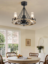 POWIFY 20 Inch Wagon Wheel Chandelier with Fan, Farmhouse Chandelier Fan with Remote, Quiet Reversible Motor, Dual Finish Blades, Black Rustic Ceiling Fan for Bedroom Dining Room Living Room Kitchen POWIFY