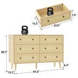 Wananlanen Rattan Dresser for Bedroom, Boho 6 Drawer Dressers & Chest of Drawers with Storage and Metal Handle, Modern Natural Wood Storage Dresser for Living Room, Hallway, Entryway Wananlanen