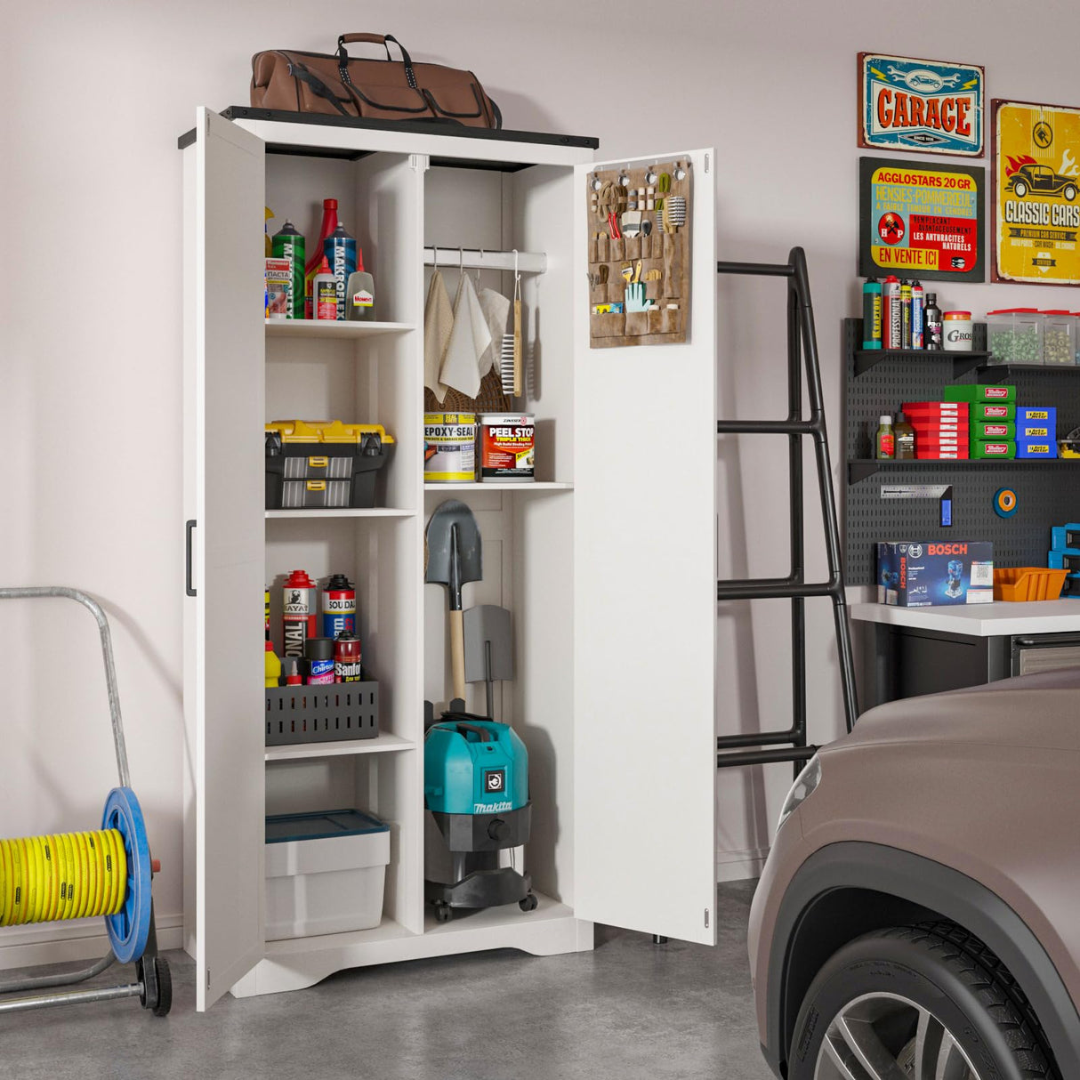 Befrases 72''H Farmhouse Storage Cabinet with Adjustable Shelves, Large Pantry Organize with 2 Barn Doors, Tall Freestanding Cabinet for Kitchen, Bathroom/Garage/Basement/Living/Utility Room, White Befrases