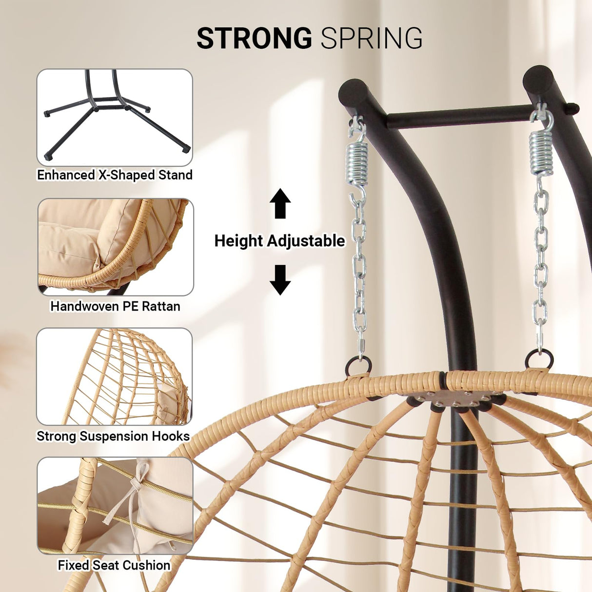 Double Egg Chair with Stand, Patio Wicker Hanging Swing Egg Chair Thickened, Galvanized Pipe Steel Frame and UV Resistant Cushion for Bedroom Garden Indoor Outdoor, 440LBS Capacity (Natural Beige) JOINFUN