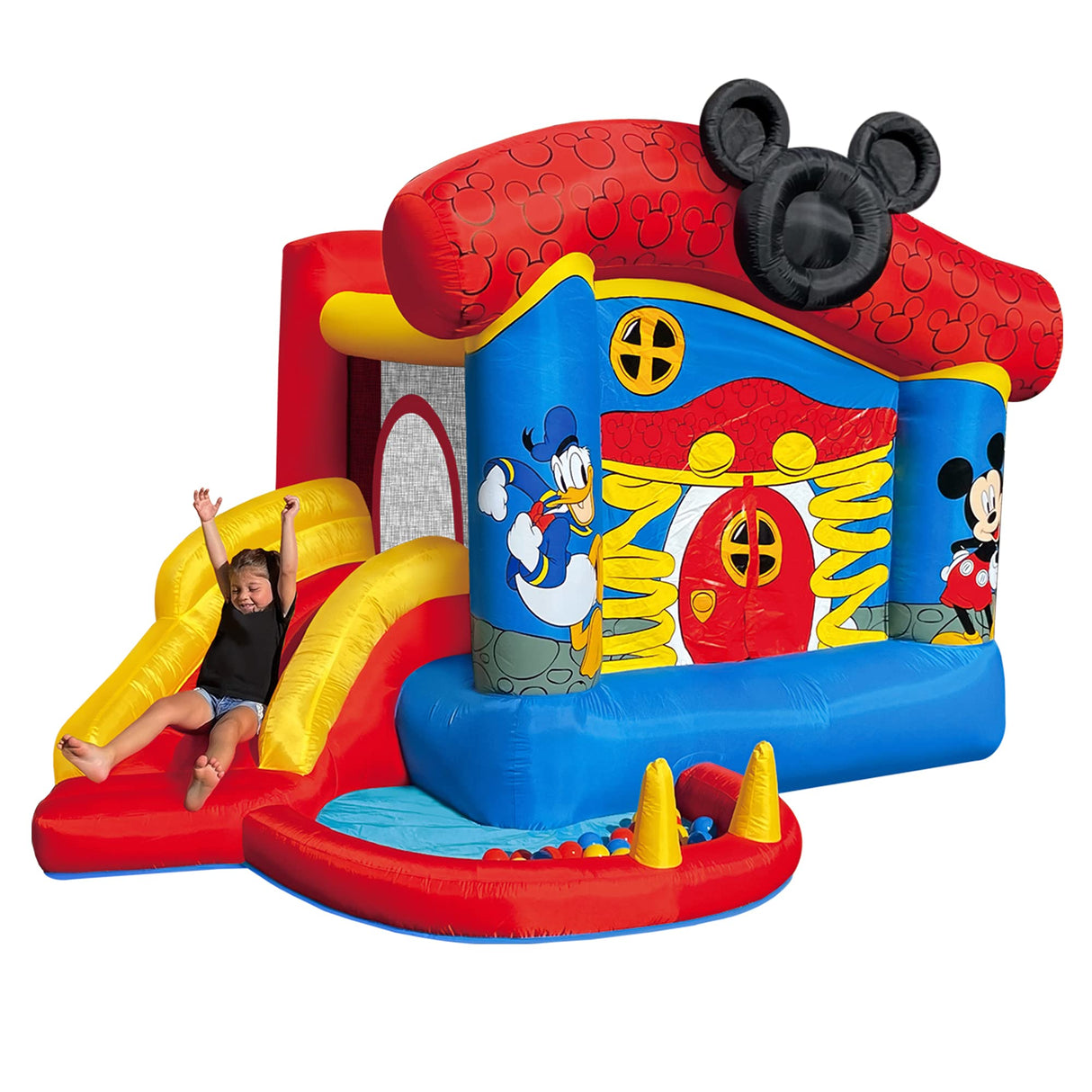 Funormous Disney Mickey Mouse Bounce House with Slide, Indoor Outdoor Inflatable Bouncy Castle Funhouse Ball Pit Plus Heavy Duty Air Blower Funormous