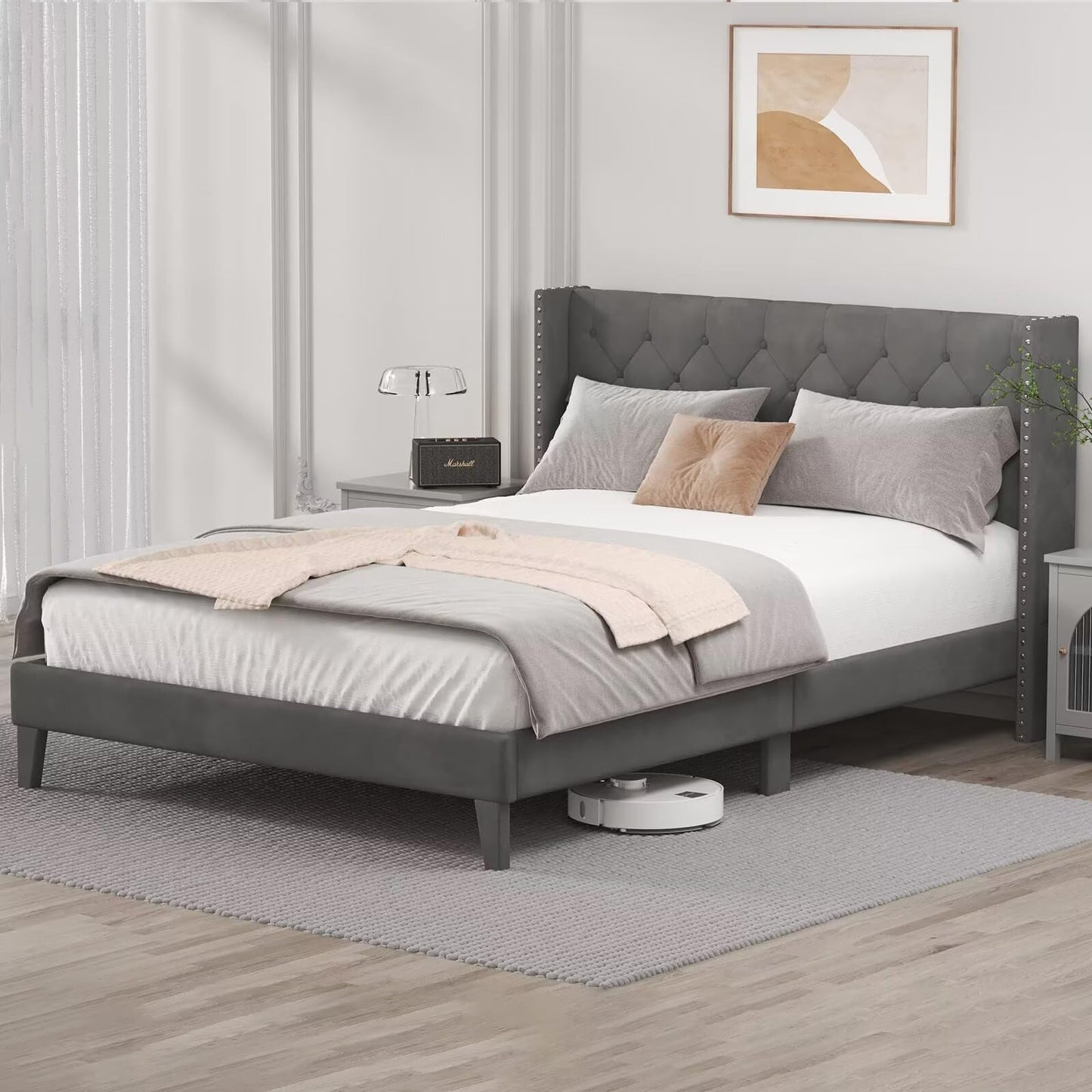 DOGIBIXO Grey Upholstered Bed Frame with LED Lights and Wingback Headboard, Easy Assembly, No Box Spring Needed - WoodArtSupply