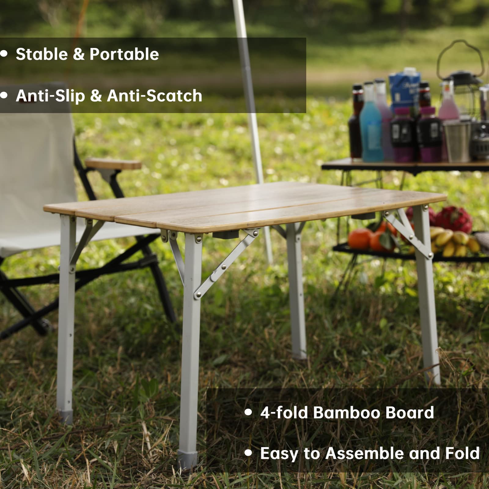 KingCamp Bamboo Folding Camping Table 4 Folds Lightweight with Adjustable Height Aluminum Legs Portable Camp Tables in Carry Bag for Indoor Outdoor Picnic Beach - WoodArtSupply