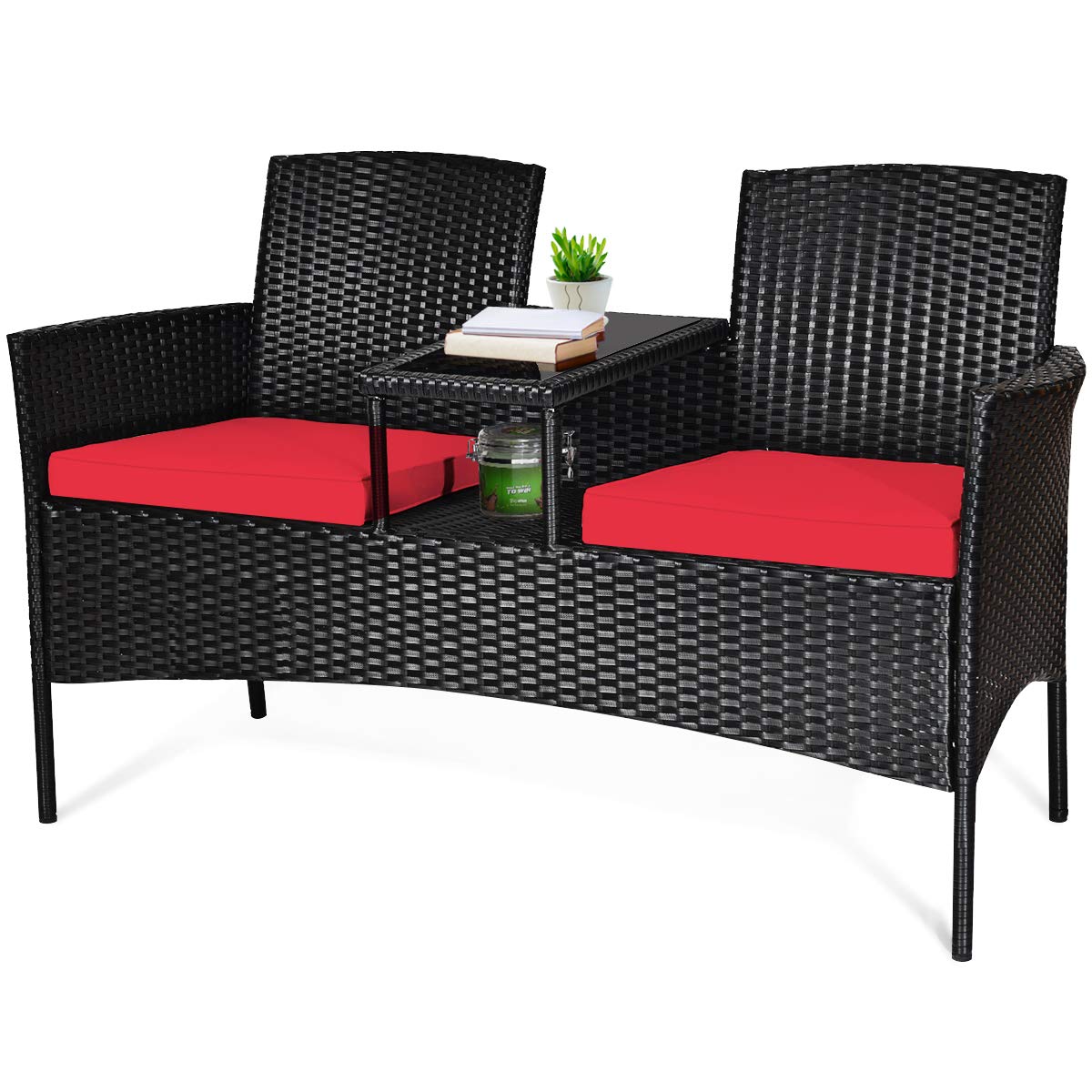 Tangkula Wicker Patio Conversation Furniture Set, Outdoor Furniture Set with Removable Cushions & Table, Tempered Glass Top, Modern Rattan Bench for Garden Lawn Backyard Tangkula