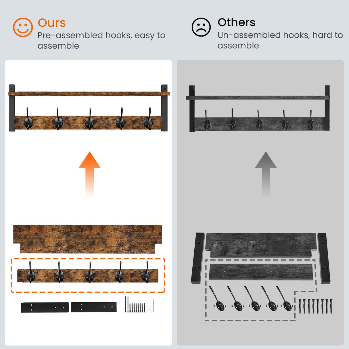 Homode Coat Rack with Shelf Wall Mount, 24 Inch Long Entryway Wall Shelf with Hooks, Wood Hanger with Storage Shelf for Bathroom, Hallway, Rustic Brown Black Homode