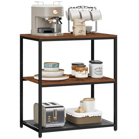 Homleke Kitchen Island with 3 Shelves, Kitchen Shelf with Large Workstation, Bakers Rack, Workbench, Metal Frame, Rustic Brown and Black Homleke