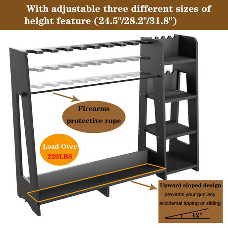 Prometis Gun Storage Racks - Freestanding Floor Wooden Rifle Rack with Pistol Shelves, 9+8 Slots Adjustable Height Storage Solutions and Gun Room Display Stand, Holds up to 9 Long Guns and 8 Handguns Prometis