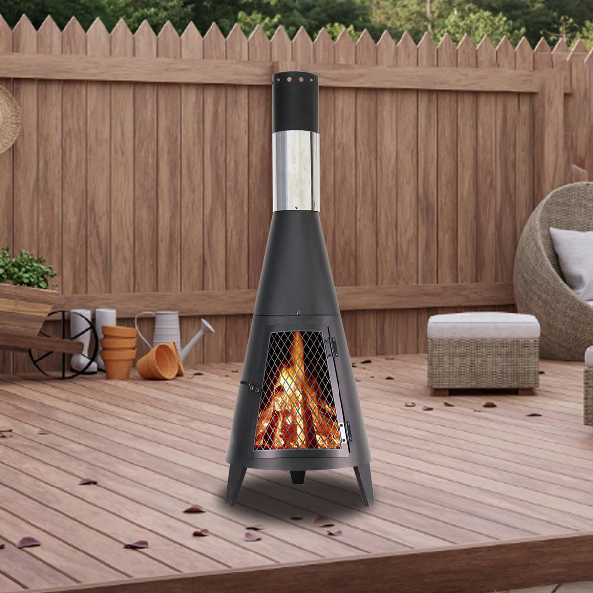 BDL Chiminea Outdoor Fireplace Outdoor Wood Burning Fire Pit Free Standing Fireplace with Log Grate, Mesh Screen for Patio, Backyard, Garden-Black BDL