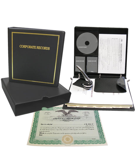 Corpkit Customized Thriftkit Corporate Kit with Printed Minutes & Bylaws/Operating Agreement, Black Binder, Slipcase, Corporate Seal, Certificates with Stubs-(Corporation) Corpkit Legal Supplies
