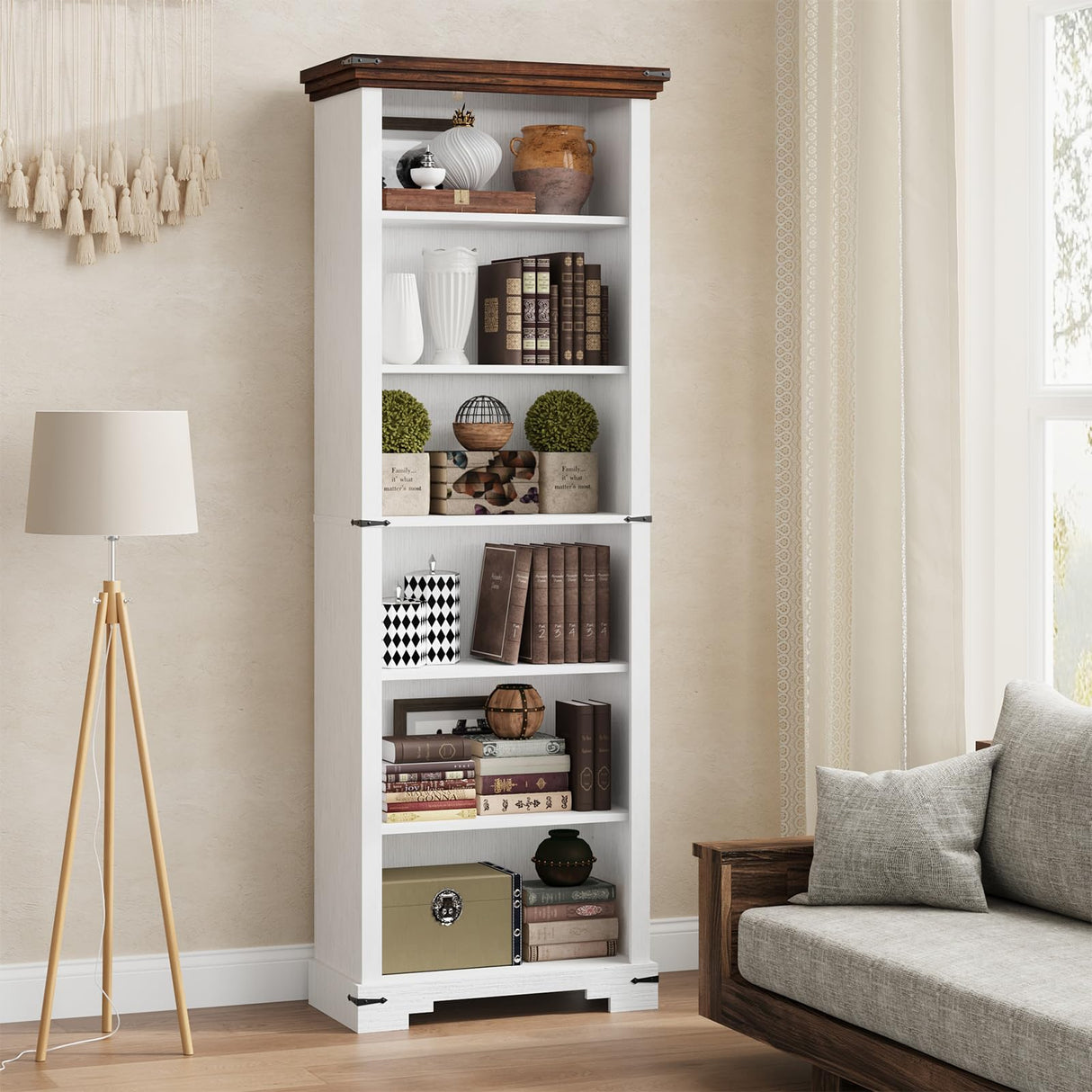 HOTLUU 6-Tier Farmhouse Bookshelf, 73 inch Tall Book Shelf with Unique Design & 2 Adjustable Shelves, Wooden Bookshelf for Study Room, Living Room, Kitchen, Bedroom (White) HOTLUU