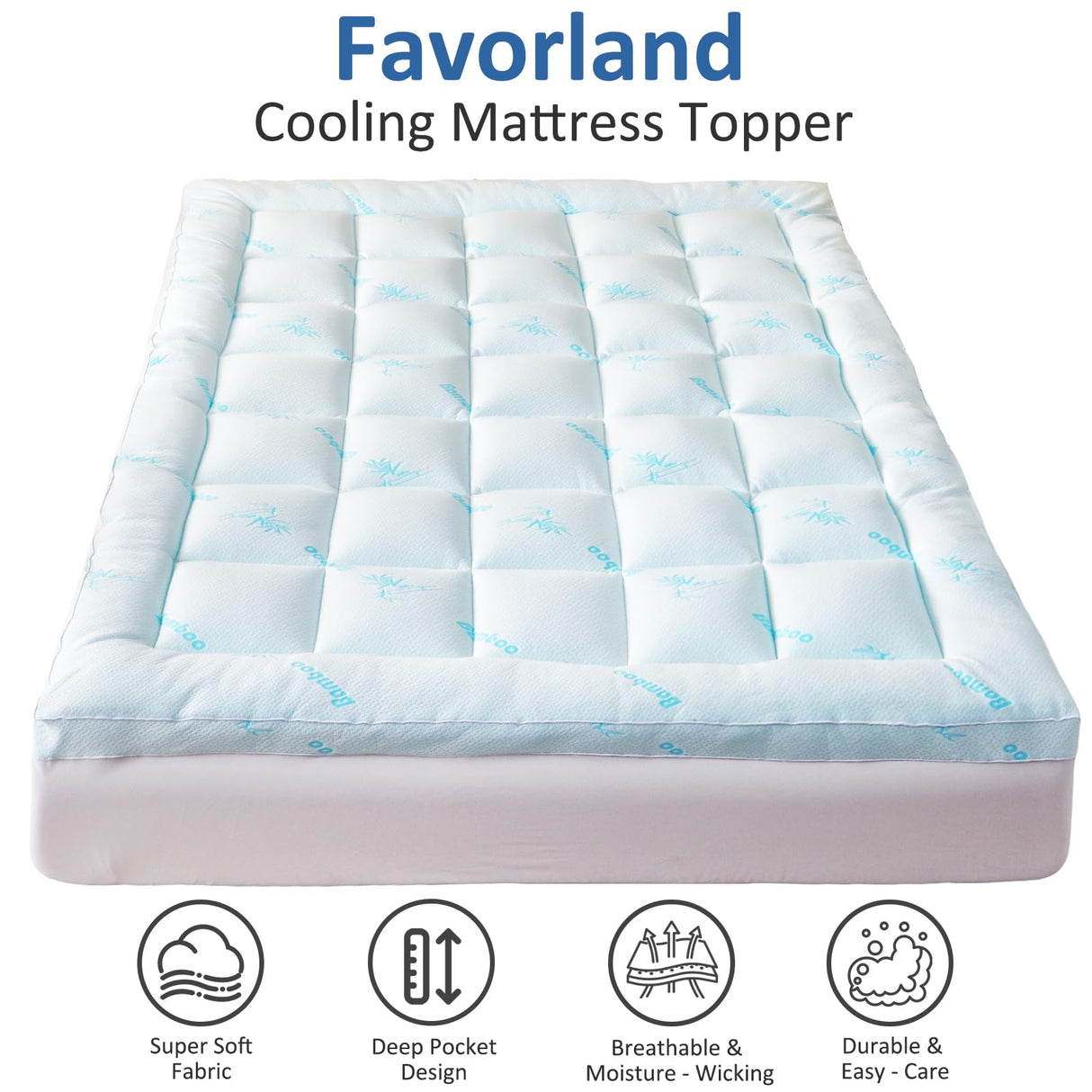 Favorland Mattress Topper King Size - Cooling Extra Thick Breathable Viscose Made from Bamboo Mattress pad - Soft Quilted Fitted Mattress Cover with 900 GSM Down Alternative Fill (8-21”Deep Pocket) Favorland