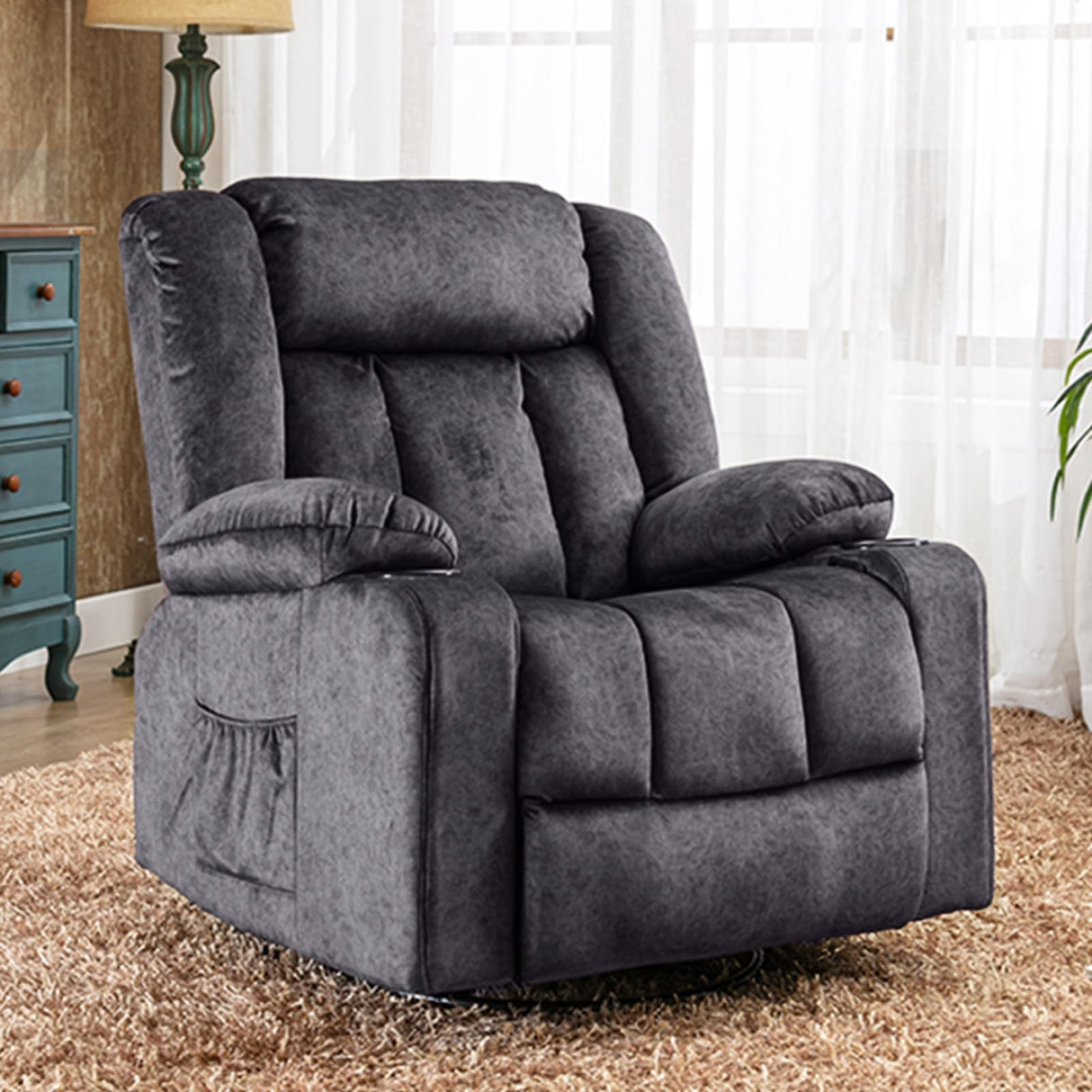 COMHOMA Recliner Chair,360° Swivel Rocker Glider Recliners with Cup Holders, Upholstered Fabric Rocking Chair for Adults,Manual Reclining Single Sofa for Living Room,Gray COMHOMA