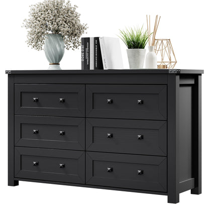 Dresser for Bedroom with 6 Drawers, Black Double Dresser Wood Farmhouse Chest of Drawers, Modern Closet Storage Furniture, Wide Wooden TV Stand Clothes Organizer Cabinet for Hallway, Living R - WoodArtSupply