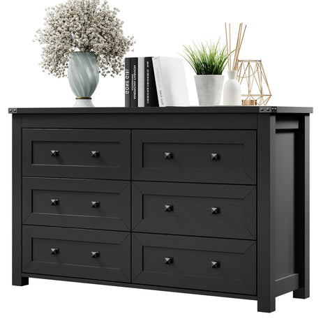 Dresser for Bedroom with 6 Drawers, Black Double Dresser Wood Farmhouse Chest of Drawers, Modern Closet Storage Furniture, Wide Wooden TV Stand Clothes Organizer Cabinet for Hallway, Living Room Xixini