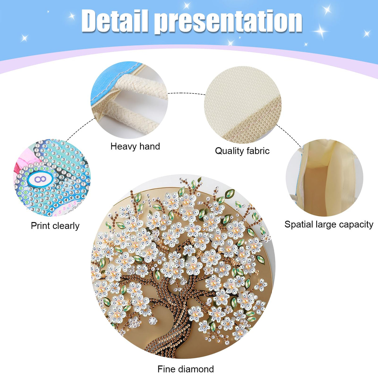 DIY Diamond Painting Canvas Tote Bag with Blooming Tree and White Flowers, Crystal Diamond Art Handbag for Adults, Reusable Hand Storage Bag with Handles, Portable Storage Bag for Woman Man antor