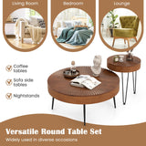COSTWAY Farmhouse Round Coffee Table Set of 2, Rustic Sofa Side Tea Tables w/Wood Finish, Metal Frame, Adjustable Foot Pads, Nesting End Table Set for Living Room, Bedroom (Radial Pattern, Brown) COSTWAY